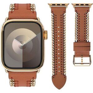 Apple Watch with Tan Leather and Gold Chain Band